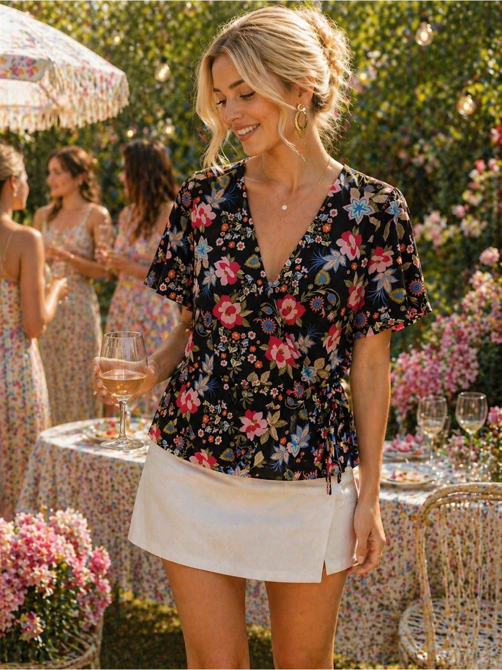 Faith & Joy Floral Wrap Blouse Black Boho Tie Waist Garden Party Top Size L